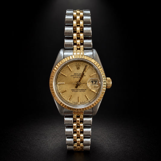 Rolex Datejust two-tone watch with champagne tapestry dial and fluted bezel