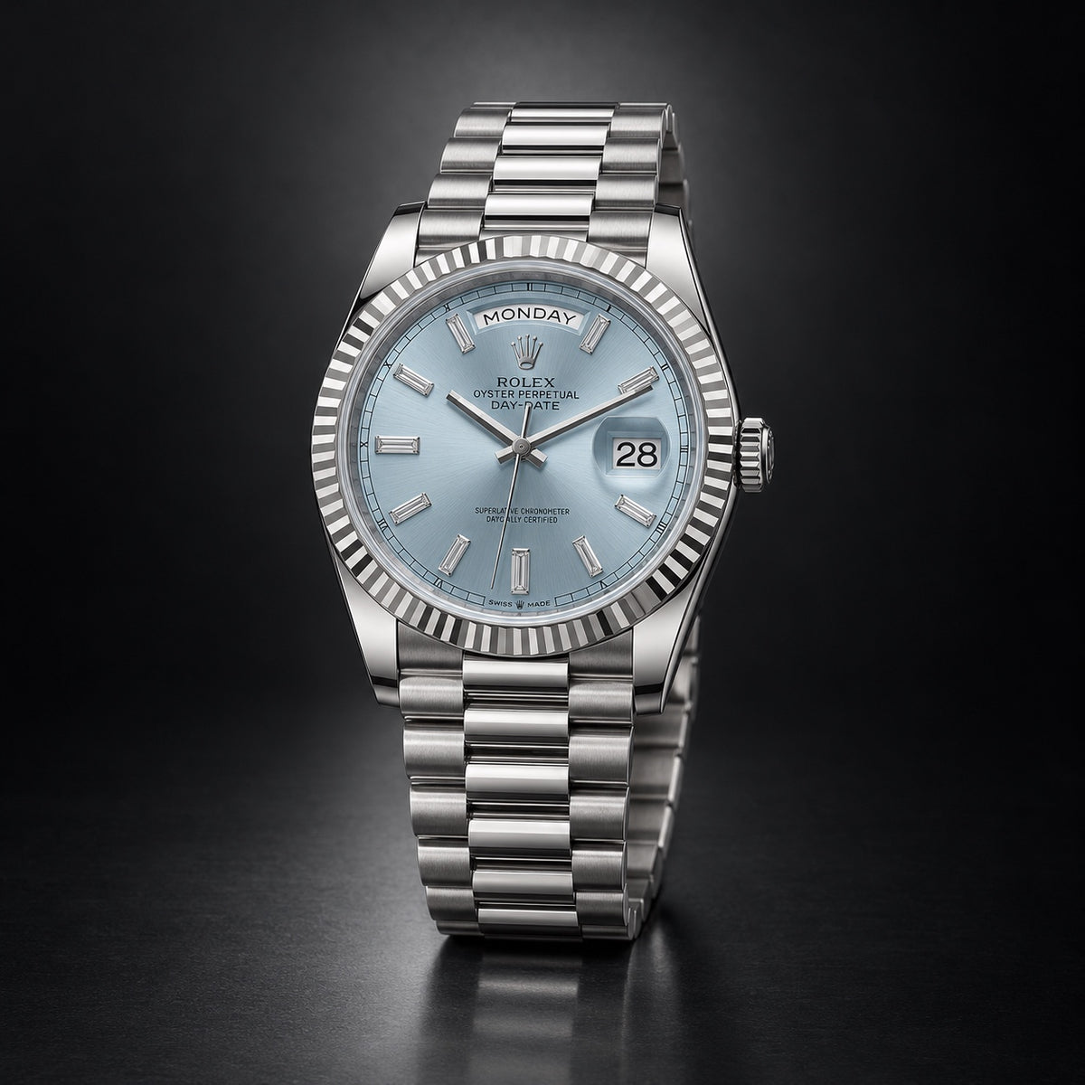 Rolex Day-Date platinum watch with ice-blue dial and President bracelet