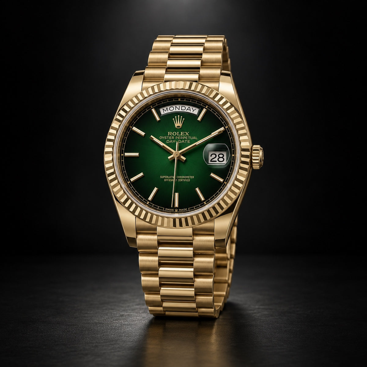 Rolex Day-Date in yellow gold with green dial and President bracelet