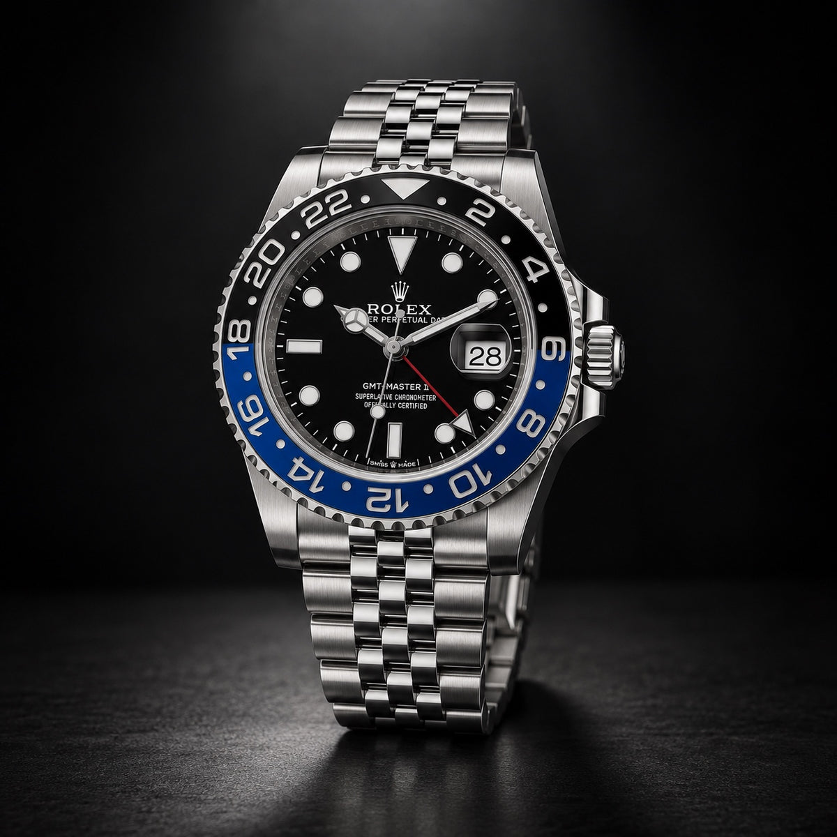 Rolex GMT-Master II with blue and black bezel, black dial and Jubilee bracelet