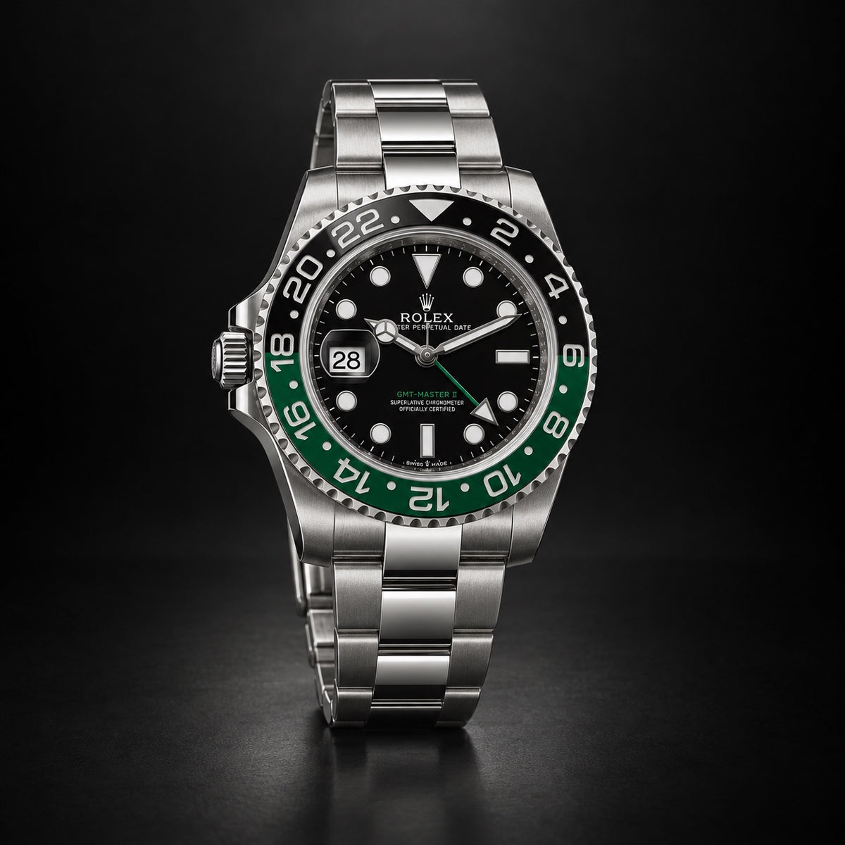 Rolex GMT-Master II steel watch with green and black bezel and left-side crown