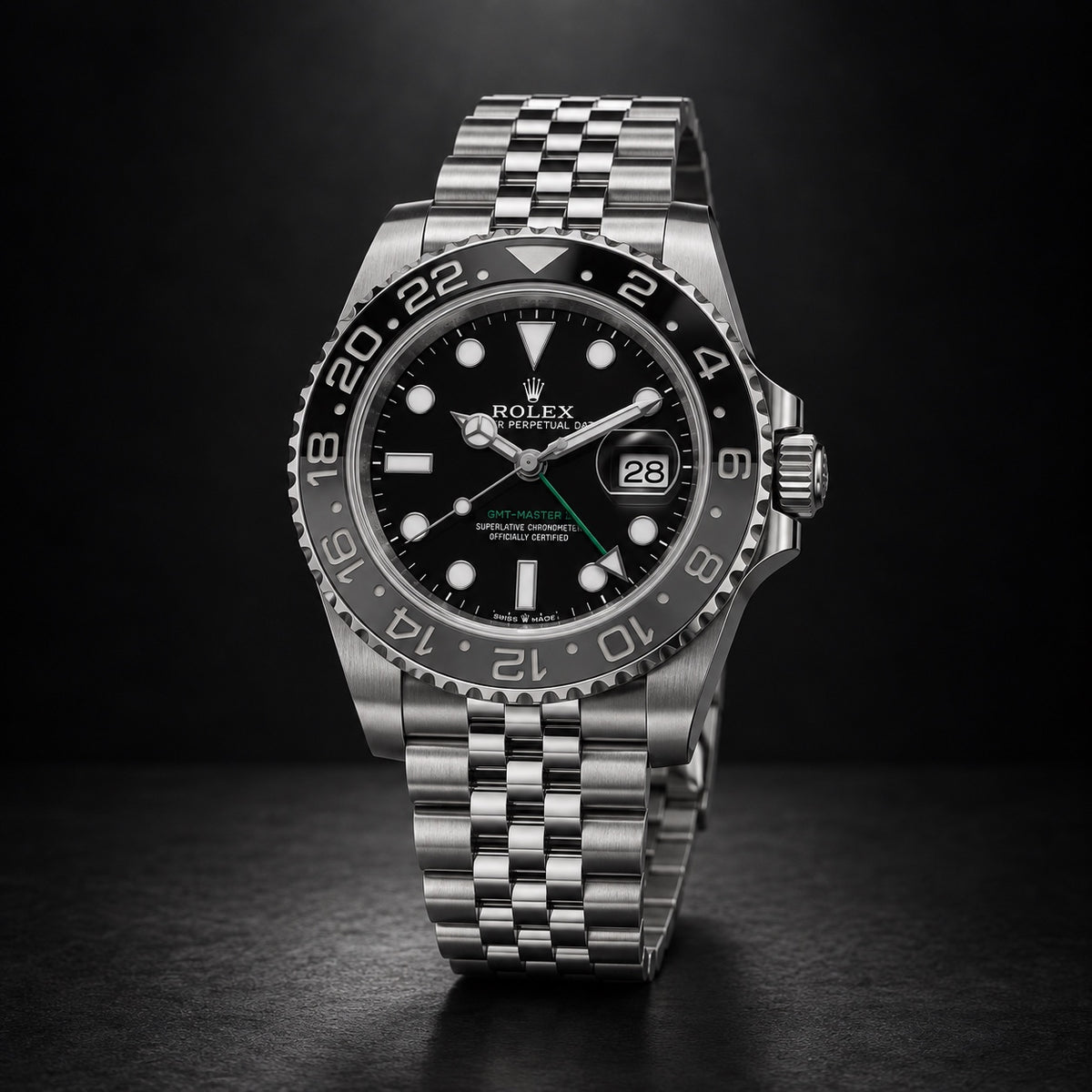 Rolex GMT-Master II steel watch with grey and black bezel on Jubilee bracelet