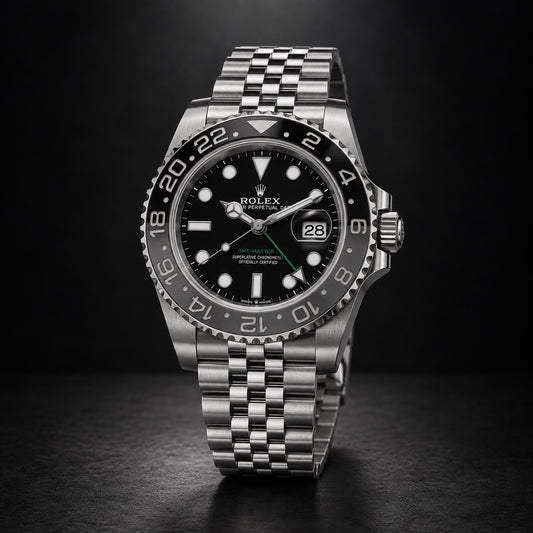 Rolex GMT-Master II steel watch with grey and black bezel on Jubilee bracelet