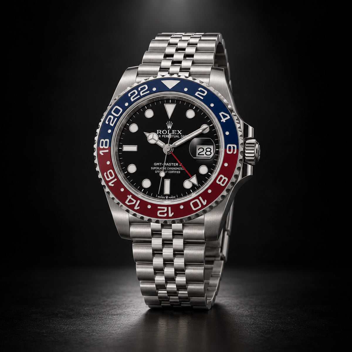 Rolex GMT-Master II with red and blue bezel, black dial and Jubilee bracelet