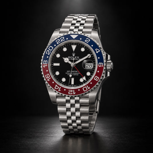 Rolex GMT-Master II with red and blue bezel, black dial and Jubilee bracelet
