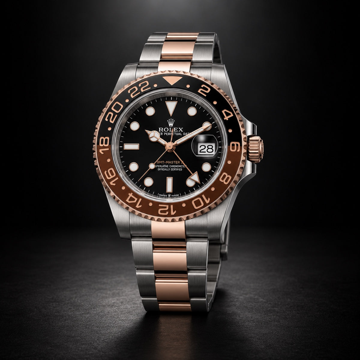 Rolex GMT-Master II Everose Rolesor watch with black and brown bezel