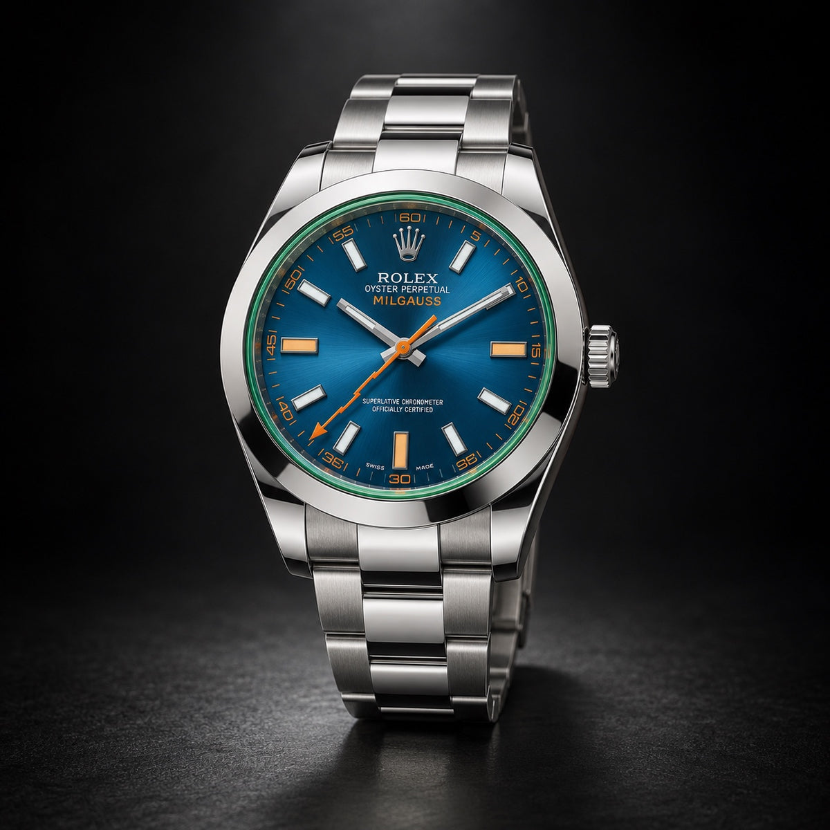 Rolex Milgauss steel watch with blue dial and green crystal
