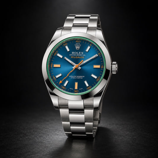 Rolex Milgauss steel watch with blue dial and green crystal