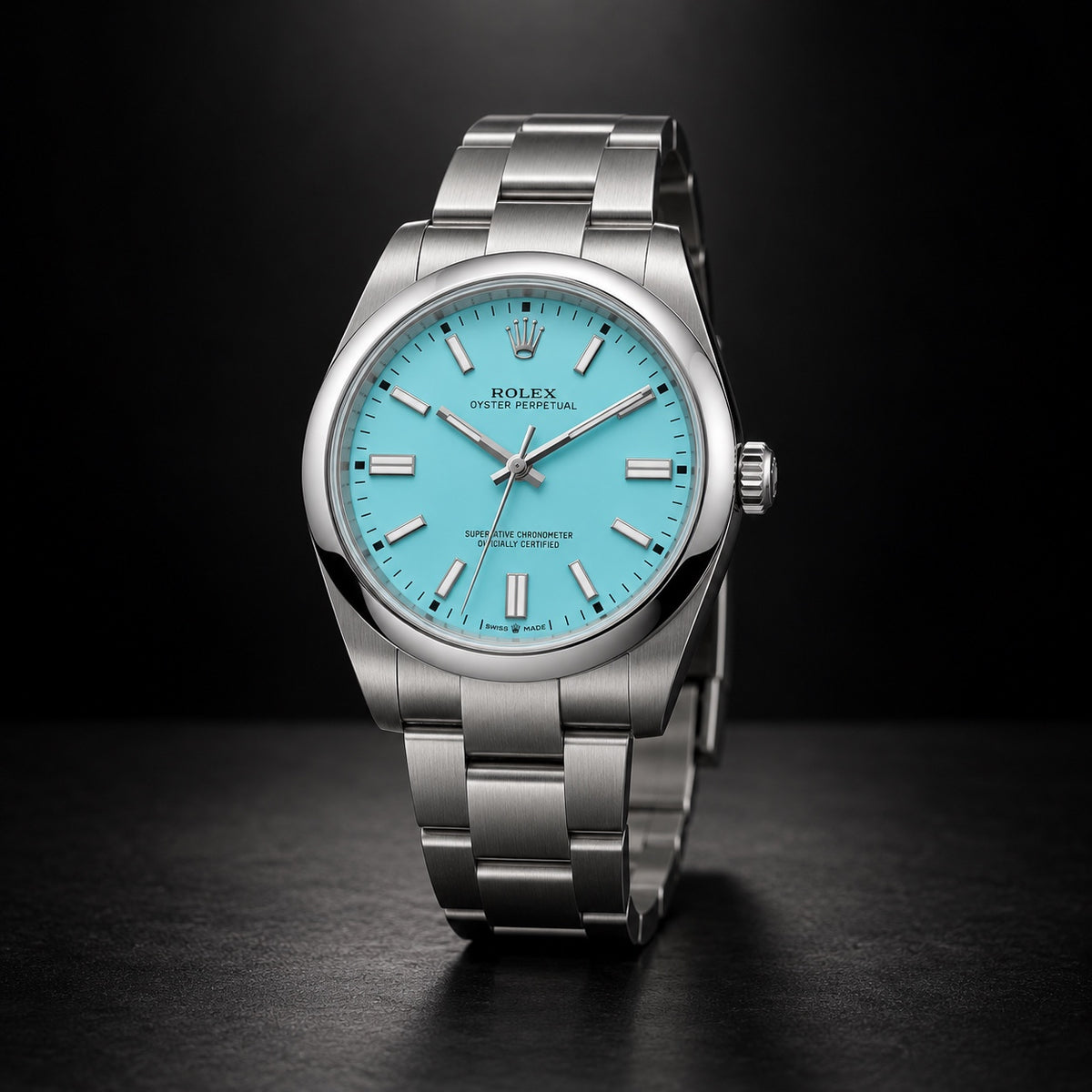 Rolex Oyster Perpetual steel watch with turquoise dial