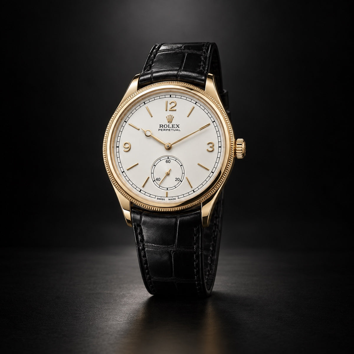 Rolex Perpetual 1908 yellow gold watch with white dial and black leather strap