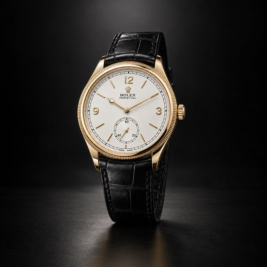 Rolex Perpetual 1908 yellow gold watch with white dial and black leather strap