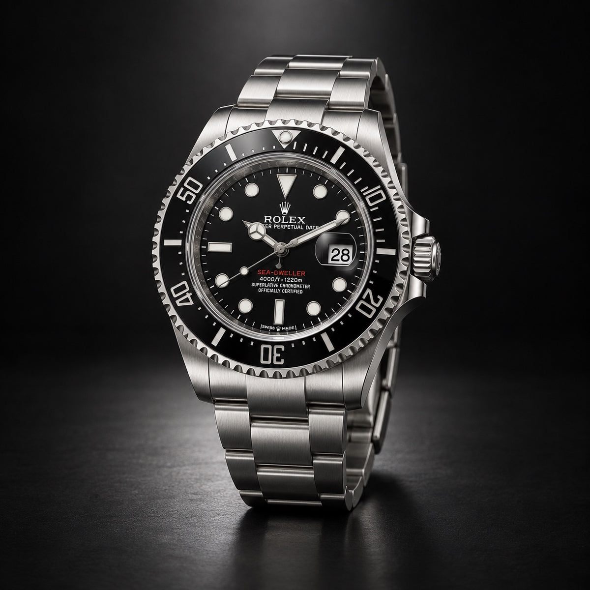 Rolex Sea-Dweller steel watch with black dial and black dive bezel