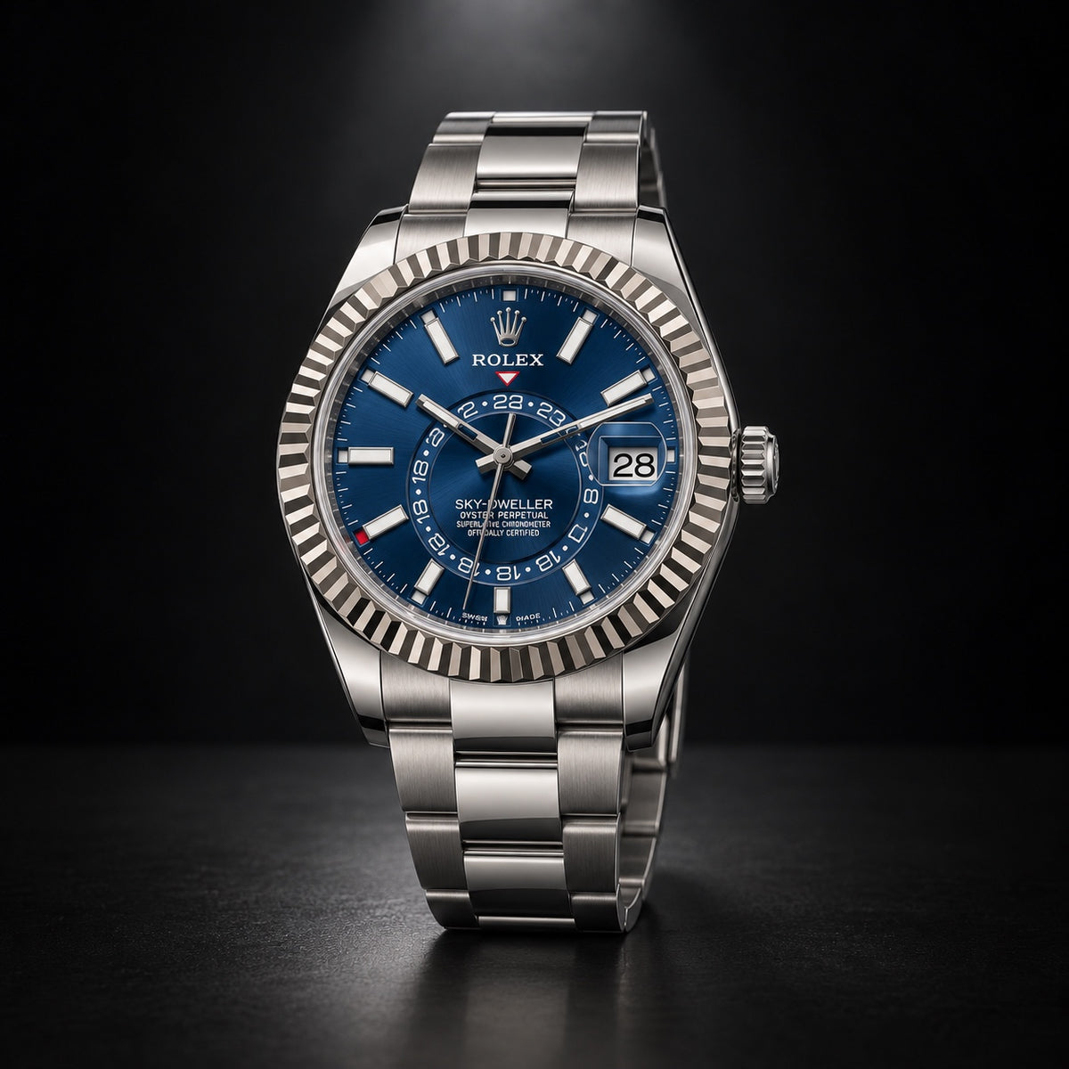 Rolex Sky-Dweller with blue dial, fluted bezel and Oyster bracelet