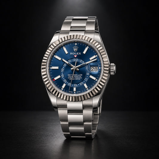 Rolex Sky-Dweller with blue dial, fluted bezel and Oyster bracelet