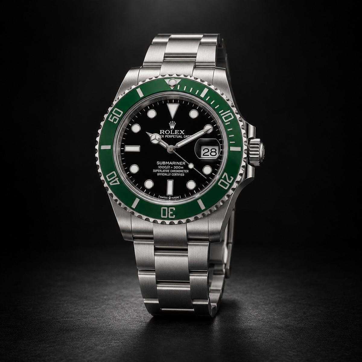 Rolex Submariner Date steel watch with green bezel and black dial