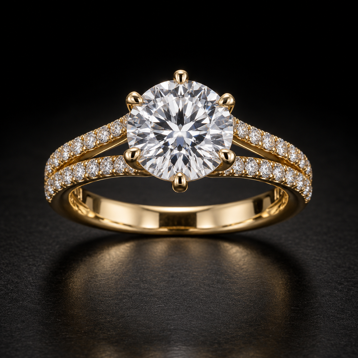 Round Split-Shank Pavé Engagement Ring in 18kt yellow gold
