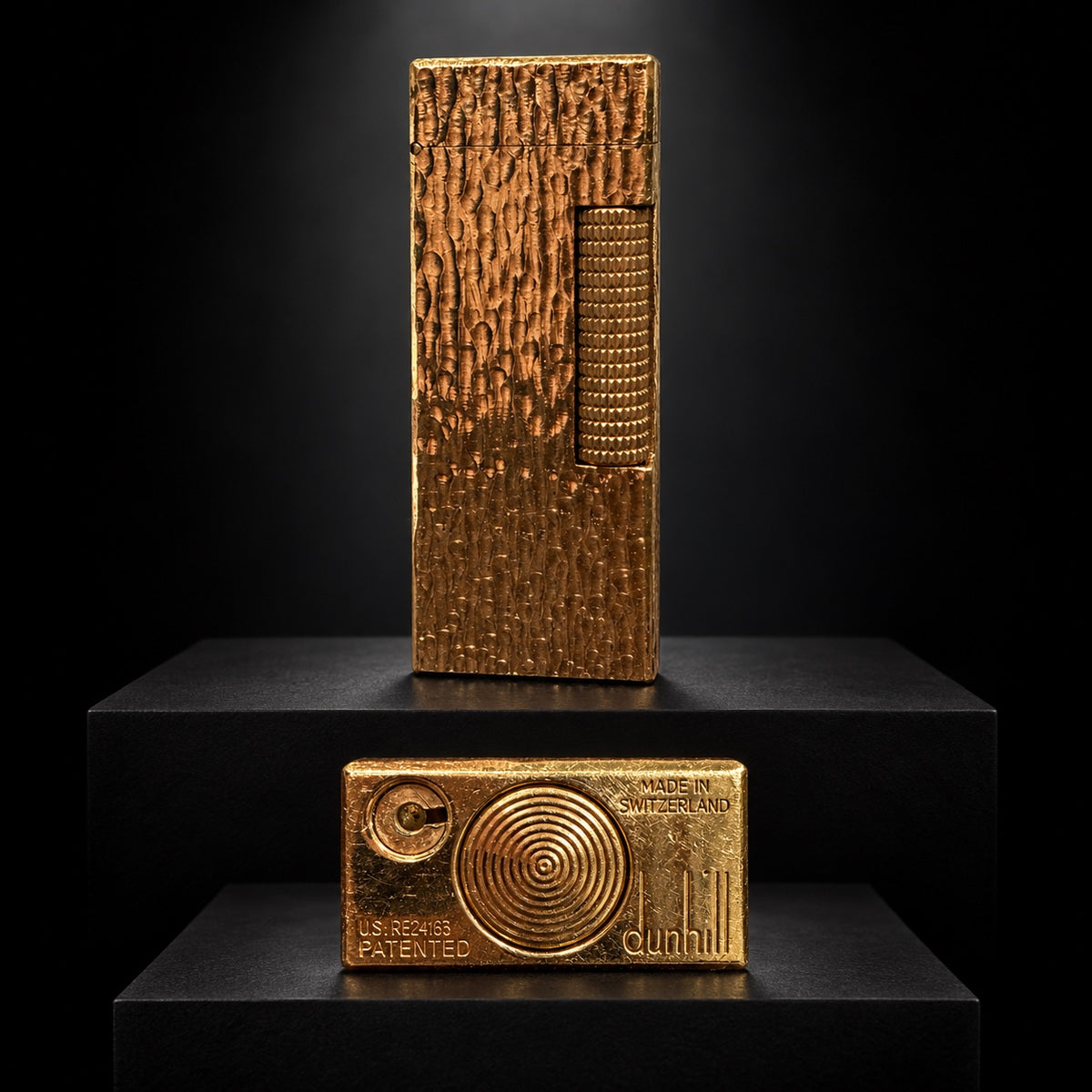 Vintage Dunhill Rollagas gold-plated bark-texture lighter with base markings, made in Switzerland